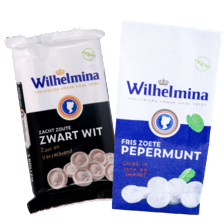 Wilhelmina zwart wit, mint kussentjes,
pepermunt extra fris, fris zoet of suikervrij